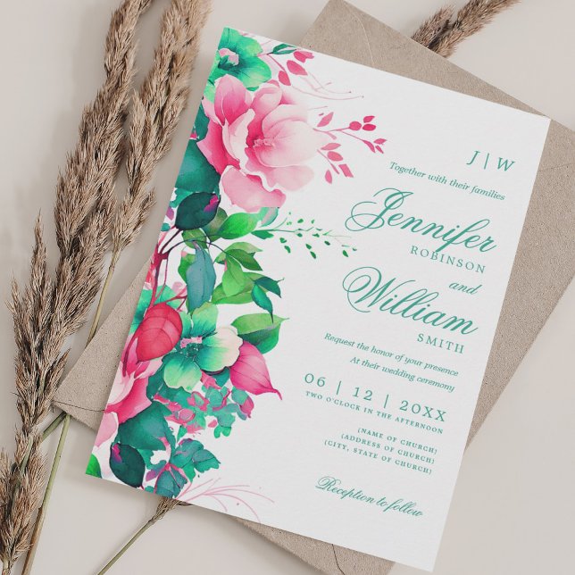 Convite Elegante Romântico de Casamento Floral Primavera d (Romantic Floral Spring Summer Wedding Elegant Invitation)