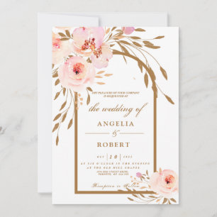 Convite Elegante Romântico Rosa Bege Dourado Casamento Flo