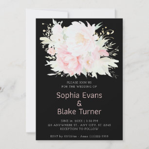 Convite Elegante Romântico Rosa Floral Preto Casamento