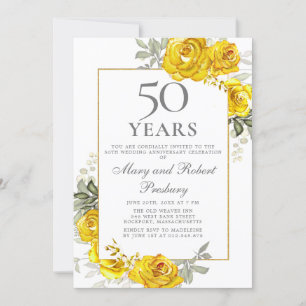 Convite Elegante Rosa Amarela Floral do 50º Aniversário