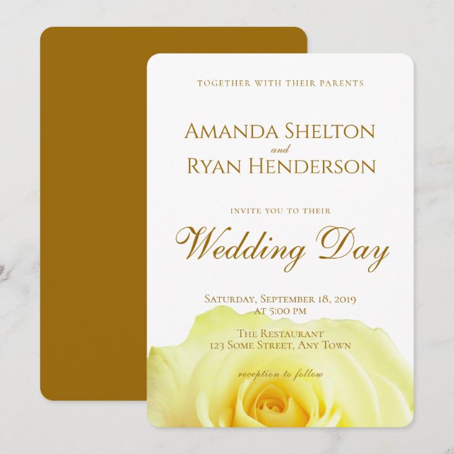 Convite Elegante Rosa Amarela Script Casamento Floral (Frente/Verso)