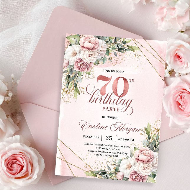 Convite Elegante Rosa Antigo Boêmio Floral 70º Aniversário (Elegant Rose Gold Bohemian Floral 70th Birthday Invitation)