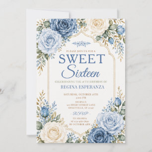 Convite Elegante Rosa Azul Floral Aniversário de Dezesseis