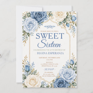 Convite Elegante Rosa Azul Floral Aniversário de Dezesseis