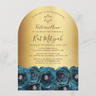 Convite Elegante Rosa Azul Floral Bat Mitzvah Dourado