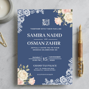 Convite Elegante Rosa Azul Floral Renda Casamento Nikah Mu