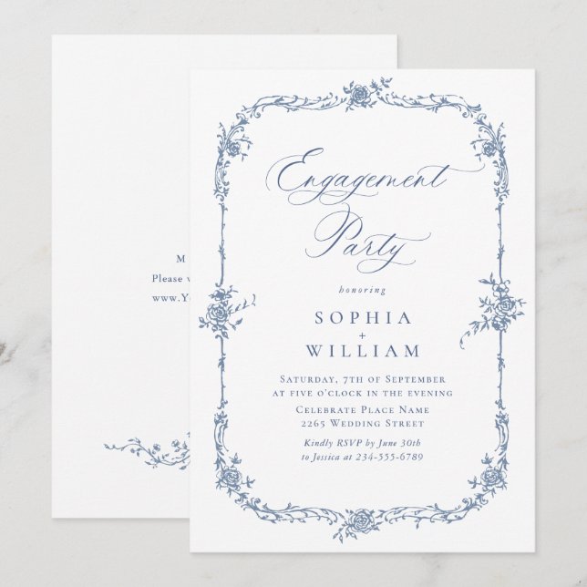 Convite Elegante Rosa azul francês FESTA DE NOIVADO (Frente/Verso)