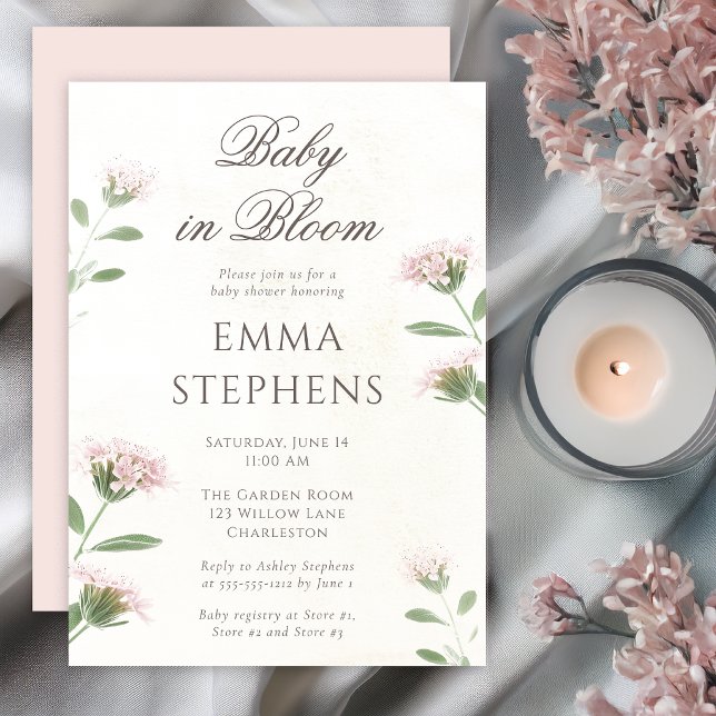 Convite Elegante Rosa Bebê em Flor Chá de Bebê de Flores S (Elegant Pink Baby in Bloom Wildflower Baby Shower Invitation)