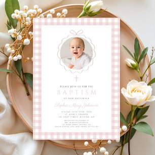 Convite Elegante Rosa Bege Arco Foto Menina Batizado