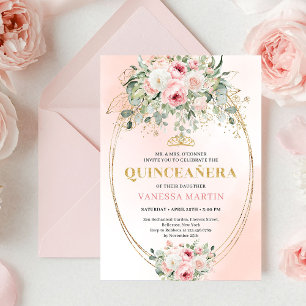 Convite Elegante Rosa Bege Dourado Quinceañera