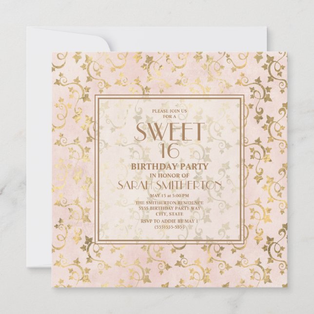 Convite Elegante Rosa Bege Dourado Sweet 16 (Frente)