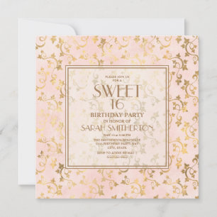 Convite Elegante Rosa Bege Dourado Sweet 16