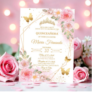 Convite Elegante Rosa Bege e dourado Aniversário de Quince