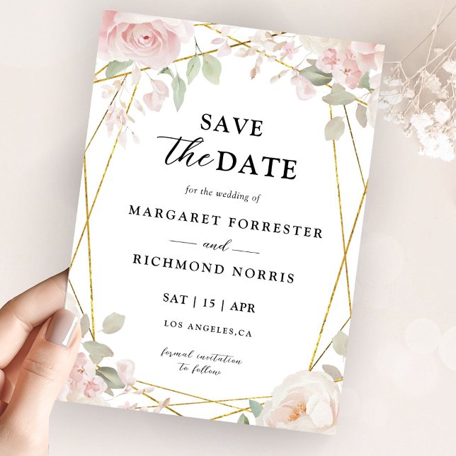 Convite Elegante Rosa Bege e Dourado Save The Date de Casa (Criador carregado)