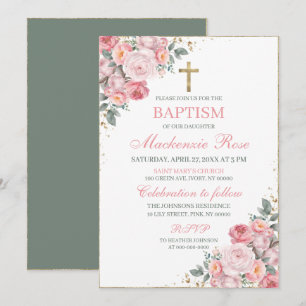 Convite Elegante Rosa Bege e Floral Dourado Batismo