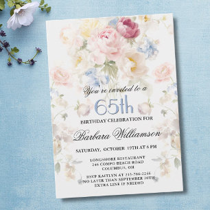 Convite Elegante Rosa Bege Floral Aniversário de 65 anos 