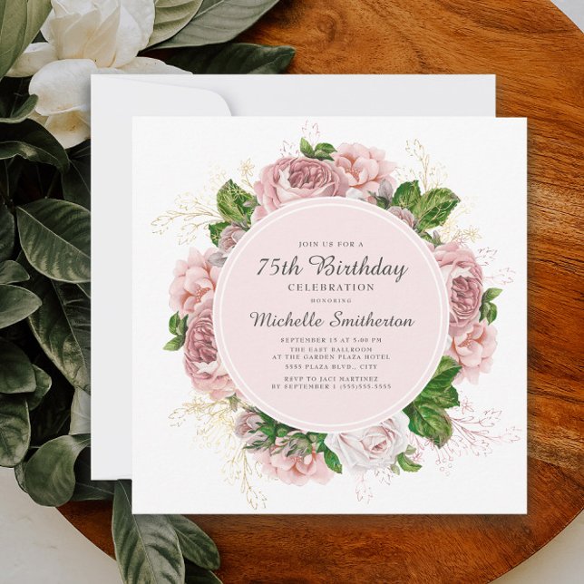 Convite Elegante Rosa Bege Floral Aniversário de 75 anos (Pink vintage floral 75th birthday invitation)