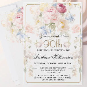 Convite Elegante Rosa Bege Floral Aniversário de 90 anos 