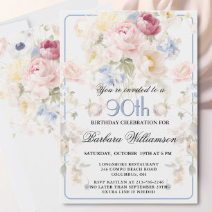 Convite Elegante Rosa Bege Floral Aniversário de 90 anos