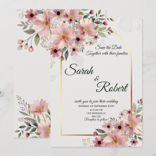 Convite Elegante Rosa Bege Floral Casamento Salve A Data (Frente/Verso)