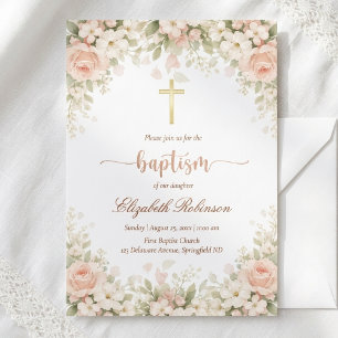 Convite Elegante Rosa Bege Floral Cruz Dourada Batismo