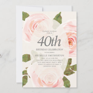 Convite Elegante Rosa Bege Floral de Aniversário de 40 ano