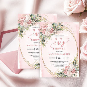 Convite Elegante Rosa Bege Floral Eucalipto Menina Bebê 