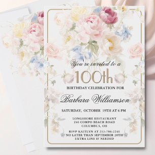 Convite Elegante Rosa Bege Floral Pintada Aniversário de 1
