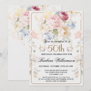Convite Elegante Rosa Bege Pintada Floral 50º Aniversário
