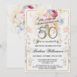 Convite Elegante Rosa Bege Pintada Floral Aniversário de 5