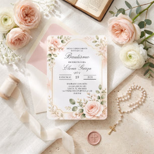 Convite Elegante Rosa Bege Rosa Botânica Batismo