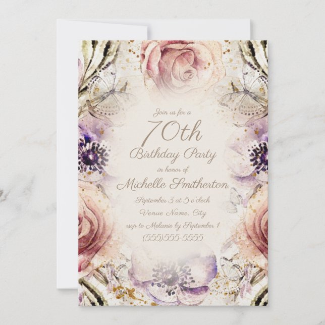 Convite Elegante Rosa Bege Roxo Script Aniversário de 70 a (Frente)