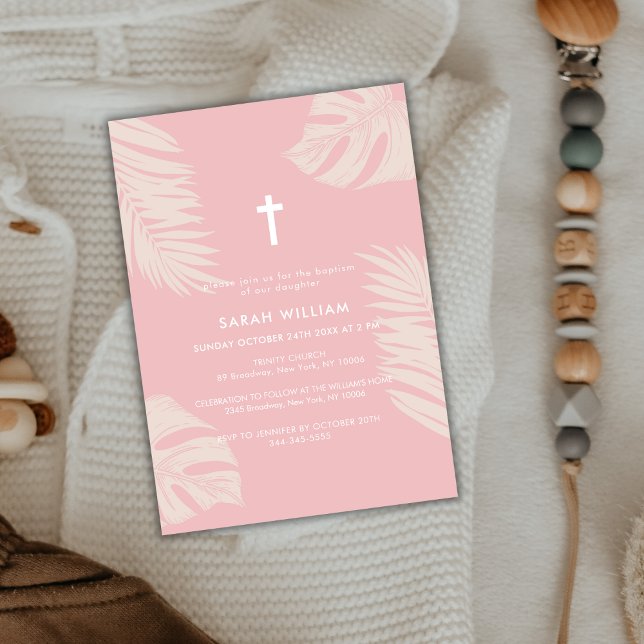 Convite Elegante Rosa Boho Sai do Batismo Cruzado (Elegant Dusty Pink Boho Leave Gold Cross Baptism Invitation)
