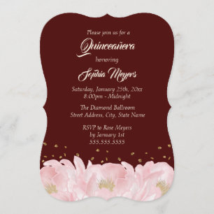 Convite Elegante Rosa Borgonha Dourado Peônia Quinceanera