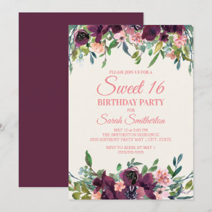 Convite Elegante Rosa Borgonha Floral Aquarela Sweet 16