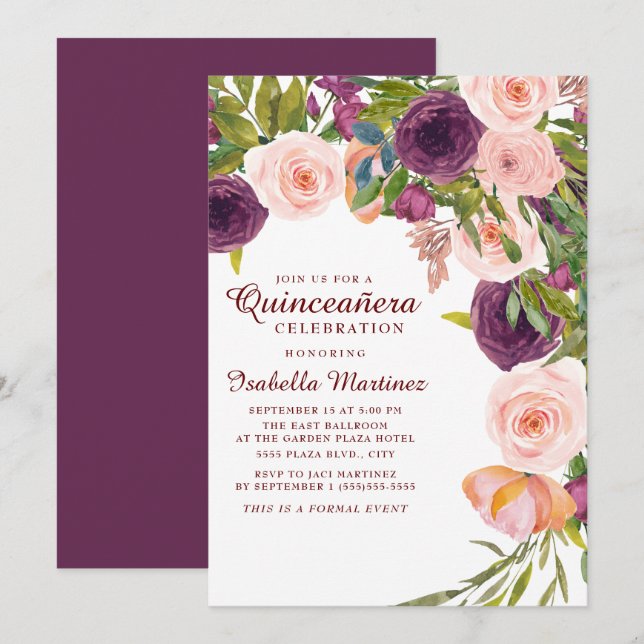 Convite Elegante Rosa Borgonha Floral Quinceañera (Frente/Verso)