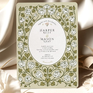 Convite Elegante Rosa Branca e Coração Verde Casamento