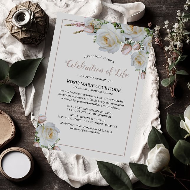 Convite Elegante Rosa Branca Memorial | Celebração da Vida (Criador carregado)