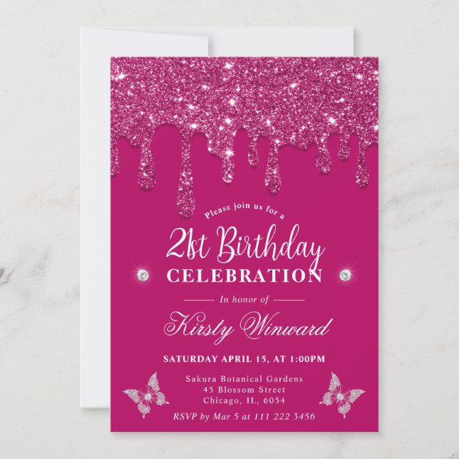 Convite Elegante Rosa Brilhante com Glitter Aniversário de (Frente)