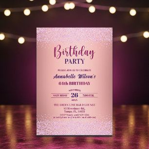 Convite Elegante Rosa Brilho Metálico Rosa Aniversário de 