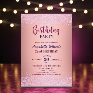 Convite Elegante Rosa Brilho Metálico Rosa Aniversário de