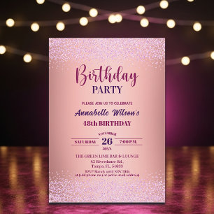 Convite Elegante Rosa Brilho Metálico Rosa Aniversário de