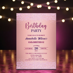 Convite Elegante Rosa Brilho Metálico Rosa Aniversário de