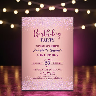 Convite Elegante Rosa Brilho Metálico Rosa Aniversário de 