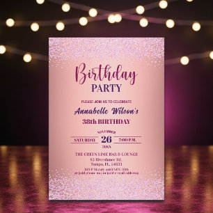 Convite Elegante Rosa Brilho Metálico Rosa Aniversário de