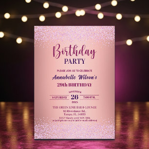 Convite Elegante Rosa Brilho Metálico Rosa Aniversário de 