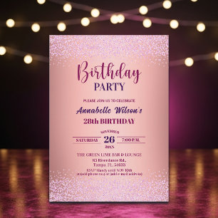 Convite Elegante Rosa Brilho Metálico Rosa Aniversário de 