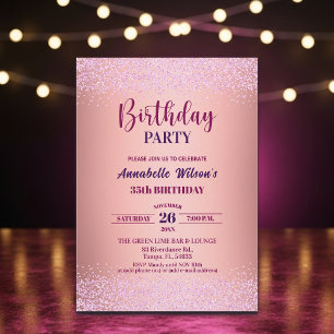 Convite Elegante Rosa Brilho Metálico Rosa Aniversário de
