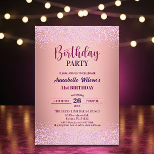 Convite Elegante Rosa Brilho Metálico Rosa Aniversário de