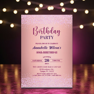 Convite Elegante Rosa Brilho Metálico Rosa Aniversário de